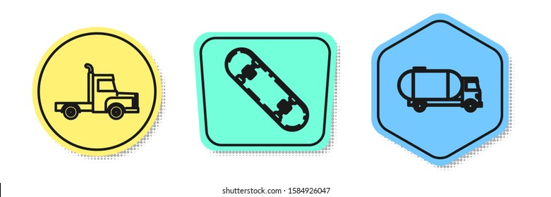 Set line Delivery cargo truck vehicle, Skateboard and Tanker truck. Colored shapes. Vector
