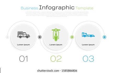 Set line Delivery cargo truck vehicle, Scooter and Formula race car. Business infographic template. Vector