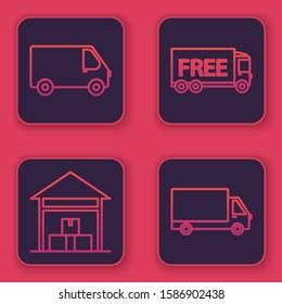 Set line Delivery cargo truck vehicle , Warehouse , Free delivery service  and Delivery cargo truck vehicle . Blue square button. Vector