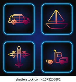 Set line Delivery cargo truck vehicle, Old retro vintage plane, Hatchback car and Yacht sailboat or sailing ship. Gradient color icons. Vector