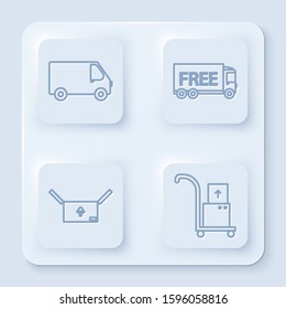 Set line Delivery cargo truck vehicle , Free delivery service , Cardboard box with traffic symbol  and Hand truck and boxes . White square button. Vector