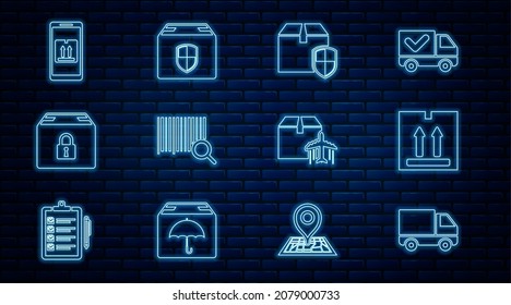 Set line Delivery cargo truck vehicle, Cardboard box with traffic, security shield, Search barcode, Locked package, Mobile app tracking, Plane and cardboard and  icon. Vector