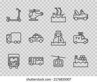 Set line Delivery cargo truck, Cargo ship with boxes, Sailboat, Bus, Scooter, Taxi, Cable and TV News icon. Vector