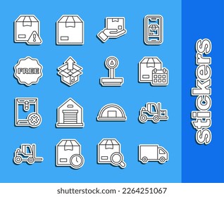 Set line Delivery cargo truck, Forklift, Cardboard box with calendar, hand, Unboxing, rice tag Free, security shield and Scale icon. Vector