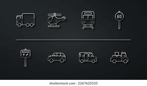 Set line Delivery cargo truck, Road traffic signpost, Speed limit, Minibus, Hatchback, Helicopter,  and Train and railway icon. Vector