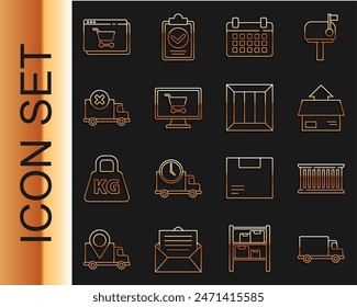 Set line Delivery cargo truck vehicle, Container, Carton cardboard box, Calendar, Shopping cart computer, Online shopping screen and Wooden icon. Vector