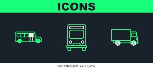 Set line Delivery cargo truck vehicle, School Bus and  icon. Vector