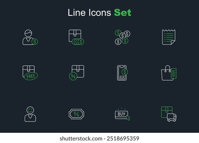 Set line Delivery cargo truck, Buy button, Discount percent tag, Happy customer, Shopping list, Mobile with dollar, Cardboard box discount and free symbol icon. Vector