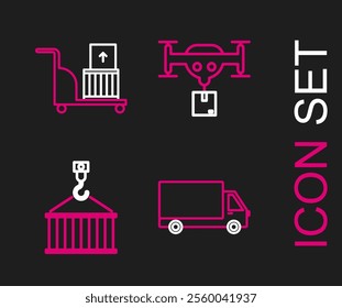 Set line Delivery cargo truck vehicle, Container on crane, drone with the package and Electric hand and boxes icon. Vector