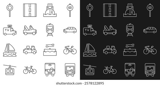Set line Delivery cargo truck, Bicycle, Hatchback, Cargo ship, Tow, TV News, Road traffic signpost and Train and railway icon. Vector