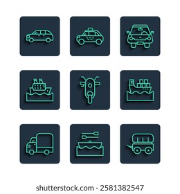 Set line Delivery cargo truck, Boat with oars, Wild west covered wagon, Car, Scooter, Cruise ship, Hatchback and Cargo boxes icon. Vector