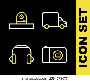 Set line Delivery cargo truck, Photo camera, Headphones and Security icon. Vector