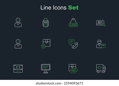 Set line Delivery cargo truck, Cardboard box with free symbol, Buy button, Stacks paper money cash, Buyer, Telephone 24 hours support, Carton cardboard and Angry customer icon. Vector
