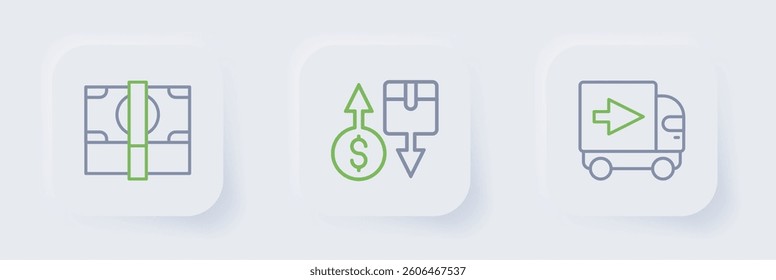 Set line Delivery cargo truck, Tax cardboard box and Stacks paper money cash icon. Vector