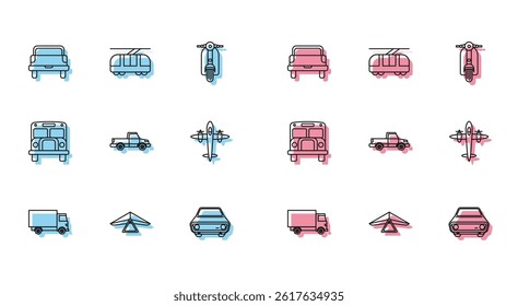 Set line Delivery cargo truck vehicle, Hang glider, Pickup, Car, Old retro vintage plane, School Bus and Tram and railway icon. Vector