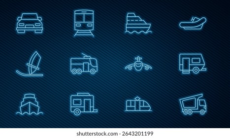 Set line Delivery cargo truck, Rv Camping trailer, Cruise ship, Trolleybus, Windsurfing, Car, Plane and Train and railway icon. Vector