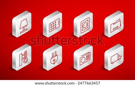 Set line Delivery cargo truck, Graphic tablet, Electrical outlet, Printer, Radio, Table lamp, plug and Meteorology thermometer icon. Vector