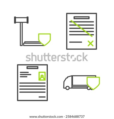 Set line Delivery cargo truck with shield, Personal document, Delete file and Judge gavel icon. Vector