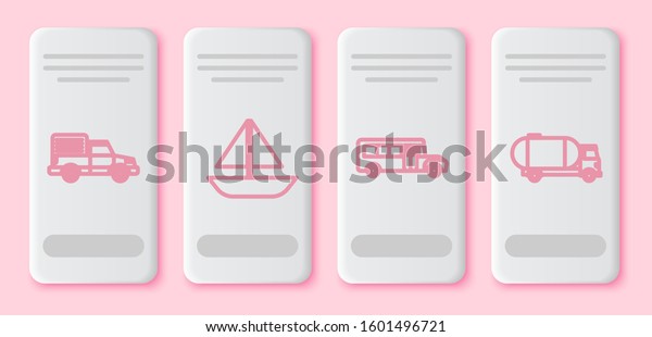 Set line Delivery cargo truck vehicle, Yacht\
sailboat or sailing ship, School Bus and Tanker truck. White\
rectangle button. Vector