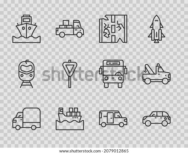 Set line Delivery cargo truck, Hatchback, Broken\
road, Cargo ship with boxes, Road traffic signpost, Minibus and Tow\
icon. Vector