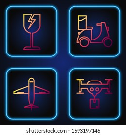 Set line Delivery drone with the package , Plane , Fragile broken glass symbol and Scooter delivery . Gradient color icons. Vector