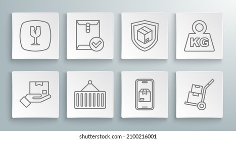 Set line Delivery hand with box, Envelope check mark, Container on crane, Mobile app delivery tracking, Hand truck boxes, security shield, Weight and Fragile broken glass icon. Vector