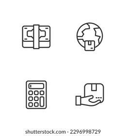 Establecer línea Entrega mano con caja, calculadora, pila dinero en efectivo de papel e icono de envío a nivel mundial. Vector
