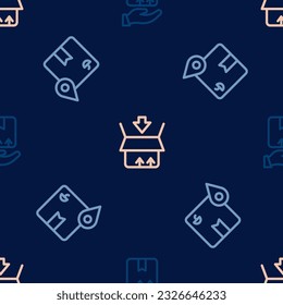 Set line Delivery hand with box, Location cardboard and Carton on seamless pattern. Vector