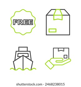 Set line Entrega a mano con caja, entrega de cajas de cartón, cartón de cartón y etiqueta de arroz Icono gratuito. Vector
