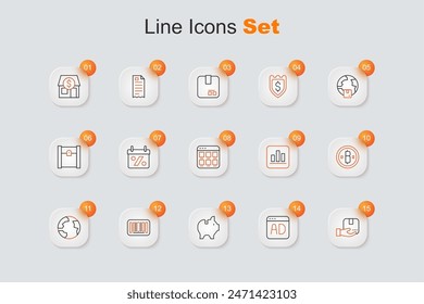 Set line Delivery hand with box, Advertising, Piggy bank, Barcode, Worldwide, Cryptocurrency coin Bitcoin, Pie chart infographic and Online shopping on screen icon. Vector