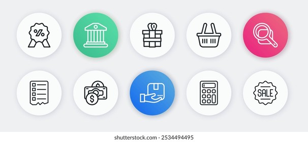 Set line Delivery hand with box, Magnifying glass, Shopping list, Calculator, basket, Gift, Price tag Sale and Stacks paper money cash icon. Vector