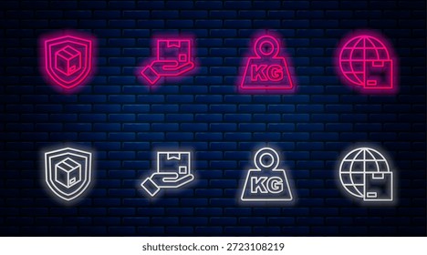 Set línea Entrega mano con caja, peso, escudo de seguridad y envío mundial. Icono de neón brillante en la pared de ladrillo. Vector