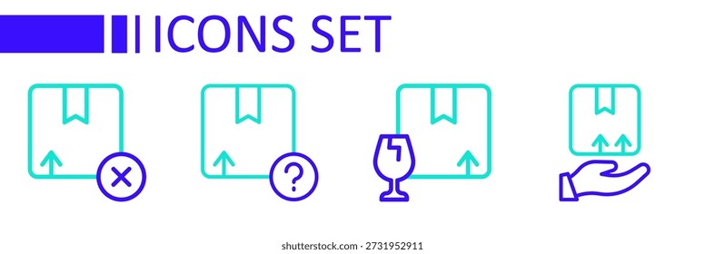 Set line Delivery hand with box, Package fragile content, Carton cardboard and  icon. Vector