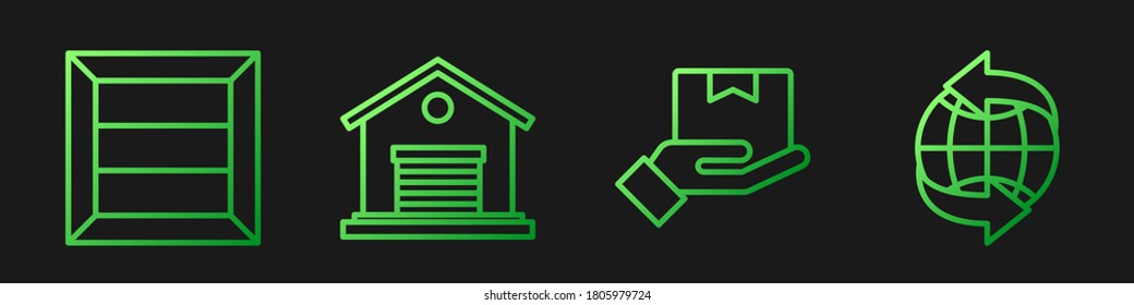Establecer línea Entrega mano con cajas, caja de madera, almacén y a nivel mundial. Iconos de color de degradado. Vector