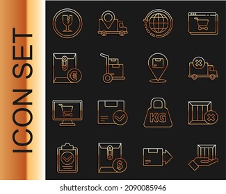 Establecer línea Entrega mano con cajas, borrado de madera, vehículo de camión de carga, envío a nivel mundial, mano, símbolo del euro sobre, vidrio roto frágil e icono de cartón de ubicación. Vector