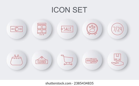 Set line Delivery hand with boxes, Wallet, Price tag text Sale, Paper money cash, Online shopping mobile, Hanging sign Closed and Shopping cart icon. Vector