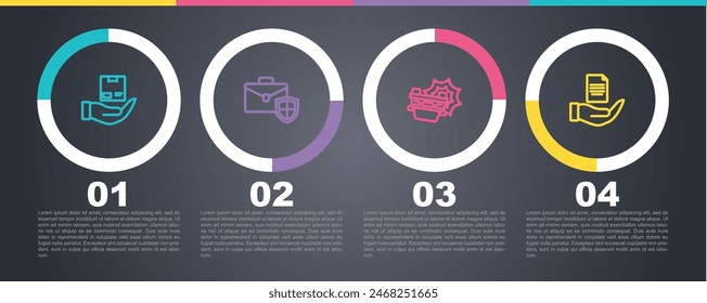 Set line Delivery insurance, Briefcase with shield, Car accident and Contract hand. Business infographic template. Vector