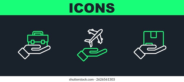 Set line Delivery insurance, Hand holding briefcase and Plane hand icon. Vector