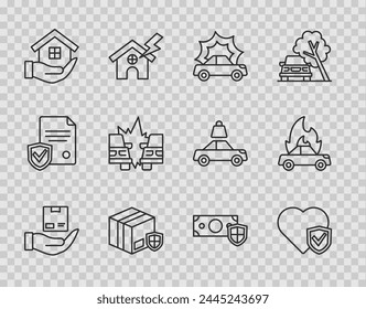 Set line Delivery insurance, Life with shield, Car accident, security, House hand, Money and Burning car icon. Vector