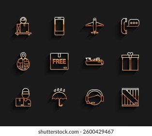 Set line Delivery man with cardboard boxes, Umbrella and rain drops, Scale, Support operator touch, Wooden, Cardboard free symbol, Gift and Cargo ship delivery service icon. Vector