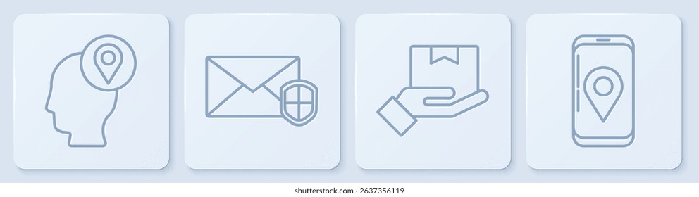 Set line Delivery man with cardboard boxes, Delivery hand with boxes, Envelope with shield and Mobile with app delivery tracking. White square button. Vector