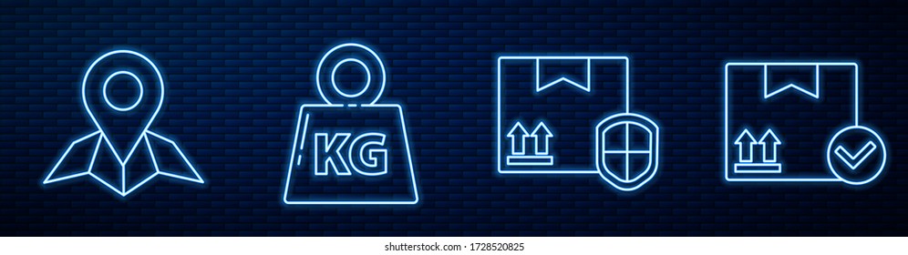 Set line Delivery pack security with shield, Placeholder on map paper, Weight, Package box with check mark and Location marker. Glowing neon icon on brick wall. Vector