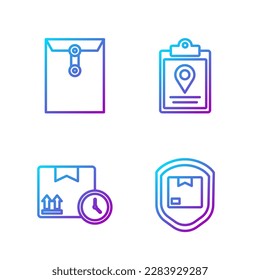 Establecer la seguridad del paquete de entrega de línea con el blindaje, la caja de cartón y el sistema de marcadores de seguimiento de sobre y documento. Iconos de color de degradado. Vector