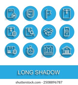 Set line Delivery seguridad del paquete con escudo, entrega rápida, cajas de cartón, este lado hacia arriba, almacén, sobre lupa, seguimiento del App móvil e icono de cartón. Vector