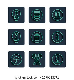 Set line Delivery package with umbrella, Scissors cut line, Fragile broken glass, Temperature wash, Trash can, Industrial hook, Test tube and flask and Information icon. Vector