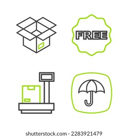Set line Delivery package with umbrella, Scale cardboard box, rice tag Free and Unboxing icon. Vector