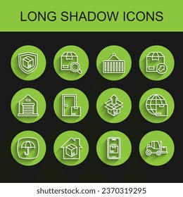 Set line Delivery package with umbrella, Home delivery services, security shield, Mobile app tracking, Forklift truck, Worldwide shipping and Unboxing icon. Vector