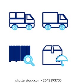 Conjunto de línea Paquete de entrega con paraguas, código de barras de Búsqueda, vehículo de carga y cajas icono. Vector