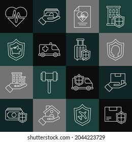 Set line Delivery security with shield, insurance, Life, Health, Emergency car, Piggy bank,  and Travel suitcase icon. Vector