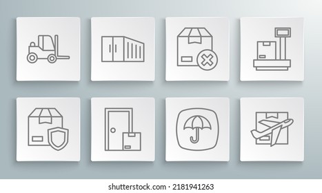 Set line Delivery security with shield, Container, Home delivery services, package umbrella, Plane and cardboard box, Carton, Scale and Forklift truck icon. Vector